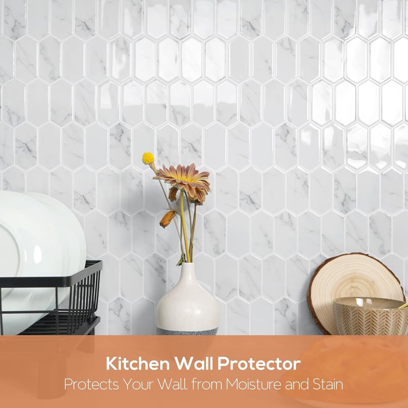 Vamos Tile بلاط خلفية قابل للإزالة والتثبيت بتصميم سميك مطور، 10 ورقات من بلاط الرخام الرمادي الطويل سداسي الشكل ذاتي اللصق، مناسب للمطبخ والحمام والمركبات الترفيهية ومدفأة. - Image 2